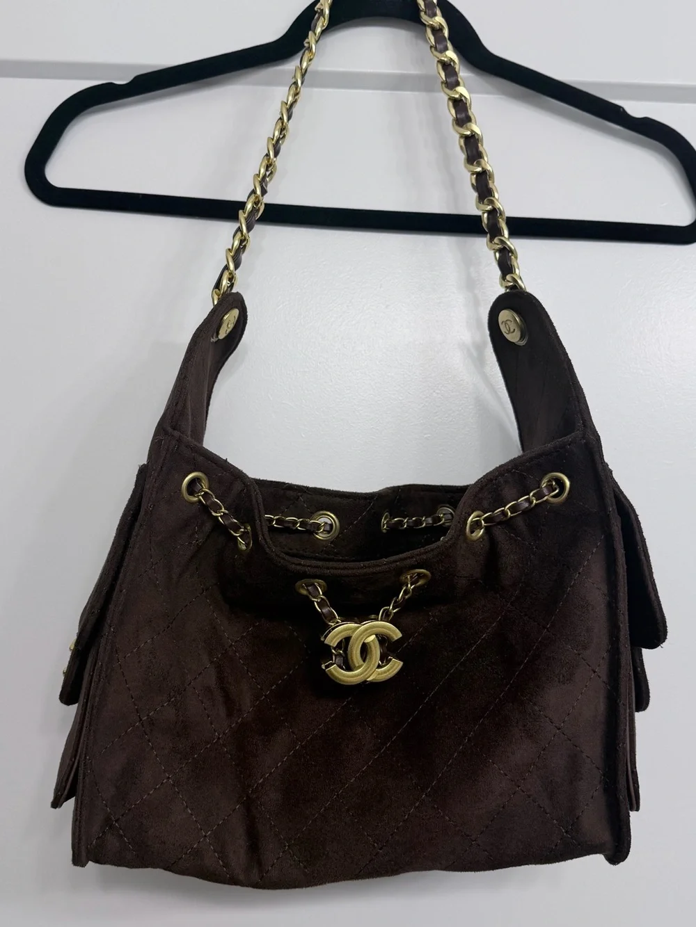 Brown Quilted Faux Suede Handbag